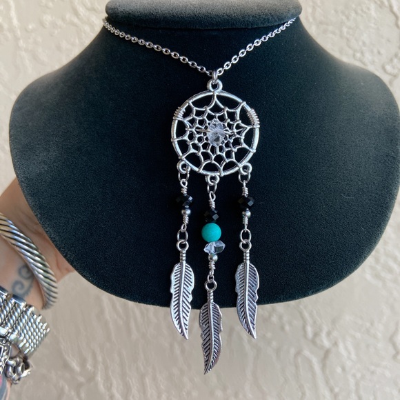 Dream catcher necklace . Herkimer diamonds turquoise gemstone boho jewelry - Picture 2 of 9